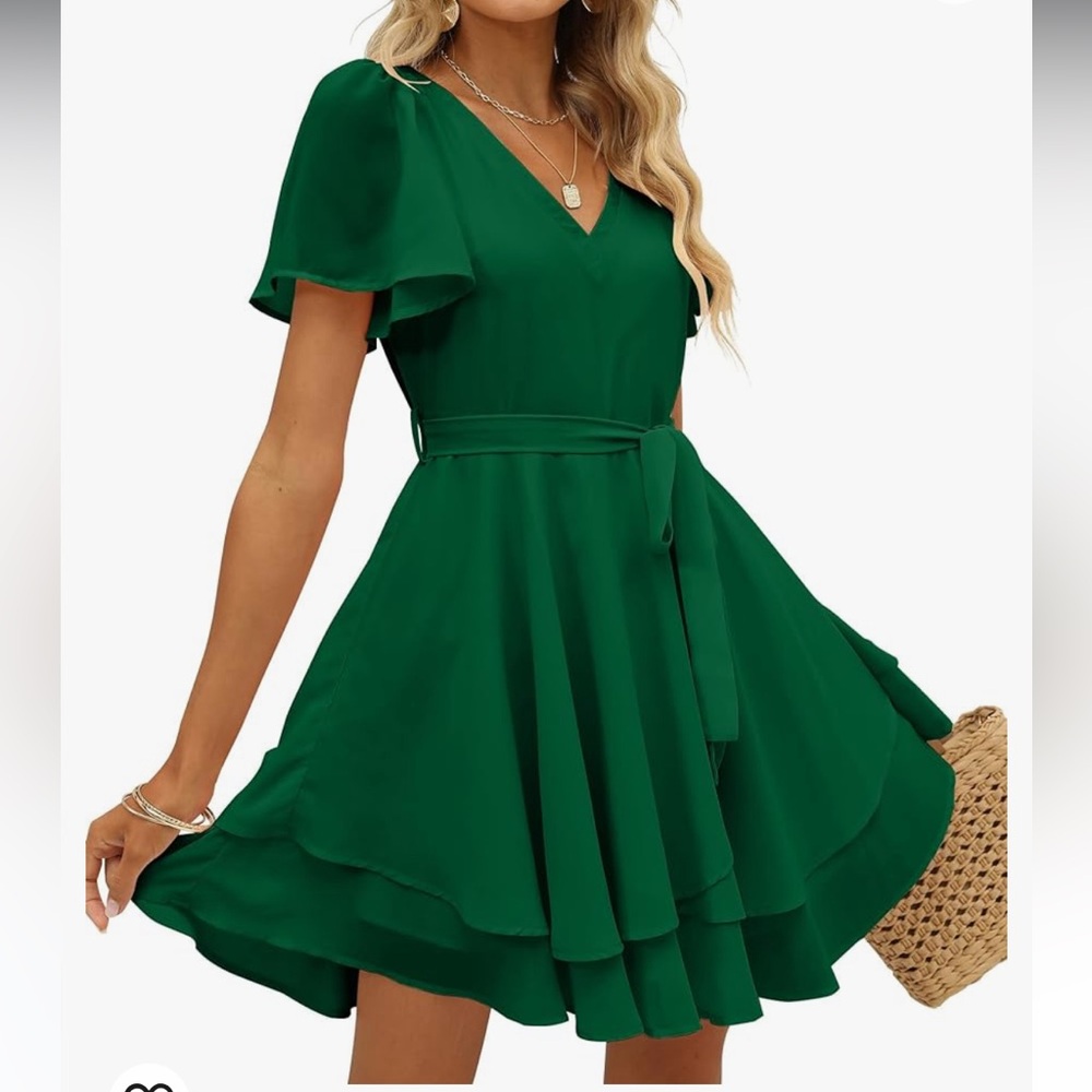 JULYCLO Womens Dresses V Neck Short Flutter Sleeve Ruffle Swing Tie Waist Summer